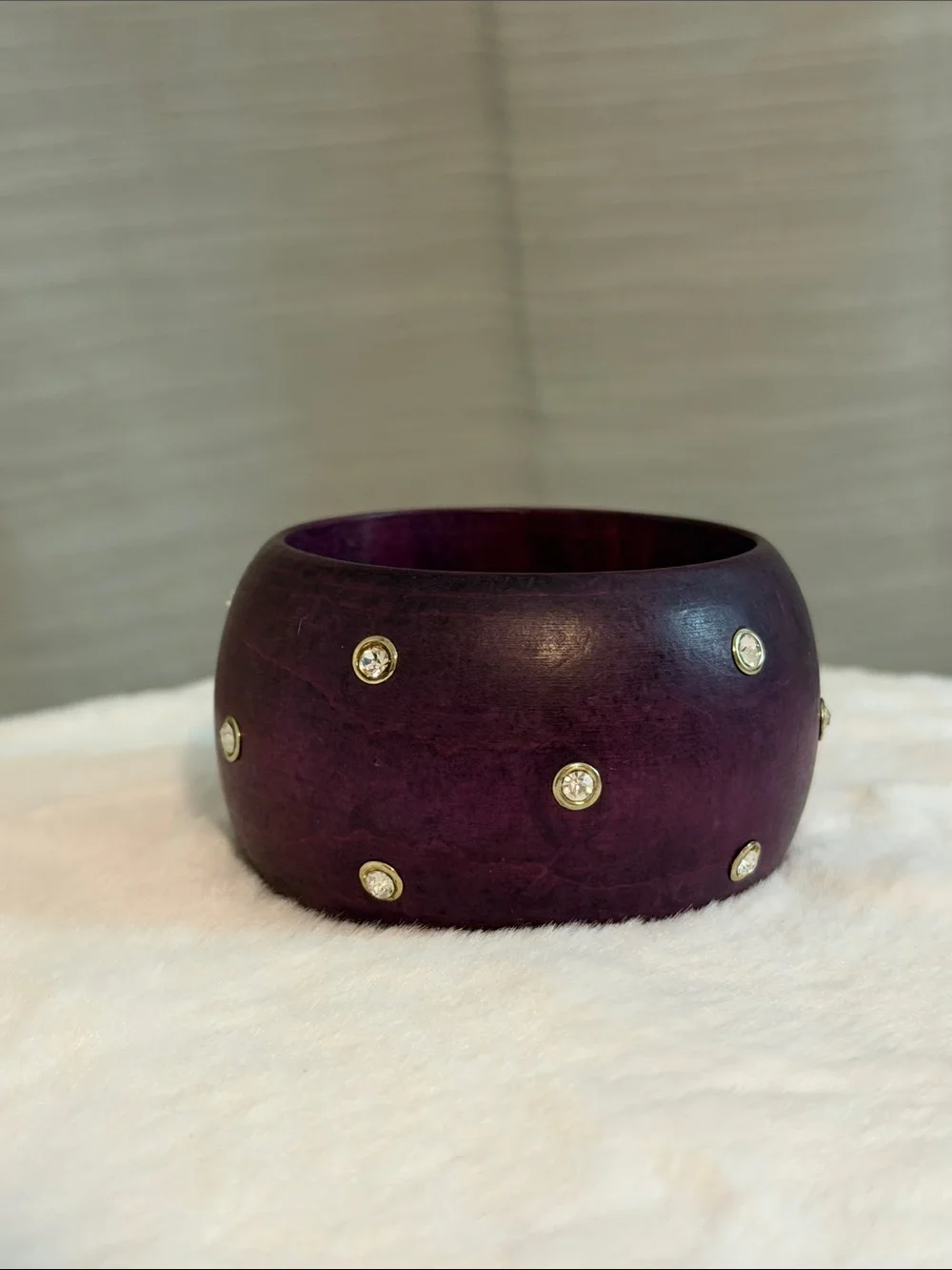 Purple Wide Dome Wooden Bangle Bracelet with Crystal Accents - Picture 2 of 5